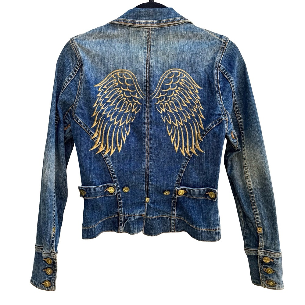 JC Denim Y2K Angel Wing‎ Rocker Edgy Moto Indie Glam Embroidered Denim Jacket S